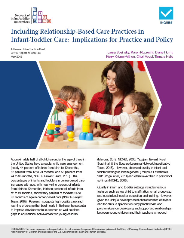 Cover for Including Relationship-Based Care Practices in Infant-Toddler Care: Implications for Practice and Policy