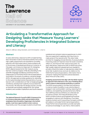 The Lawrence Hall of Science Research Brief: Articulating a Transformative Approach for Designing Tasks that Measure Young Learners' Developing Proficiencies in Integrated Science and Literacy