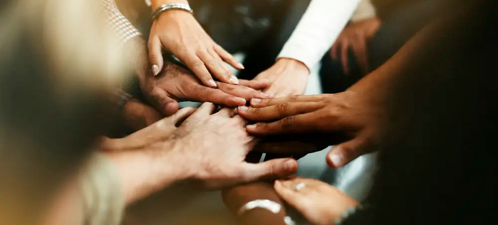 various adult hands of various colors meeting in a circle