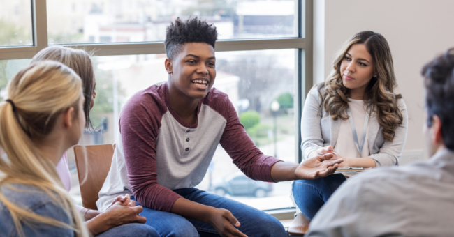 Students meeting and engaging with adults