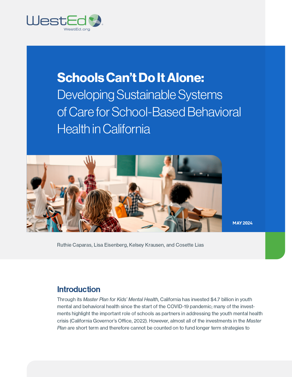 Cover image of the report - Schools Can’t Do It Alone: Developing Sustainable Systems of Care for School-Based Behavioral Health in California